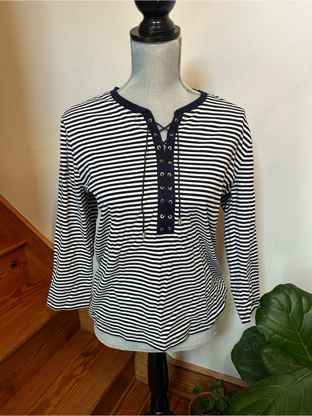 Ralph Lauren Navy and White Striped Lace-Up Long Sleeve Tee